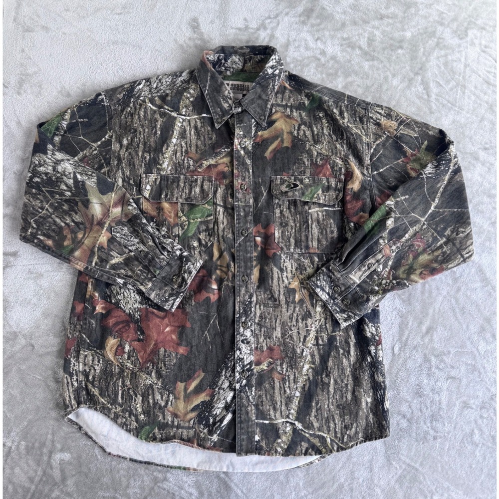 Russell Outdoors‎ Mossy Oak Camo Button Shirt Mens XL Hunting Outdoors Workwear